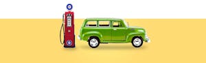 credit-karma-guide-0-percent-apr-auto-loans Old-fashioned red gas pump and classic green wagon with an APR financing offer against a yellow background