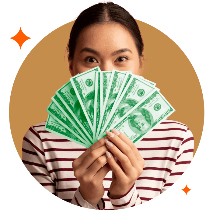 Woman in Circle holding a fan of dollar bills